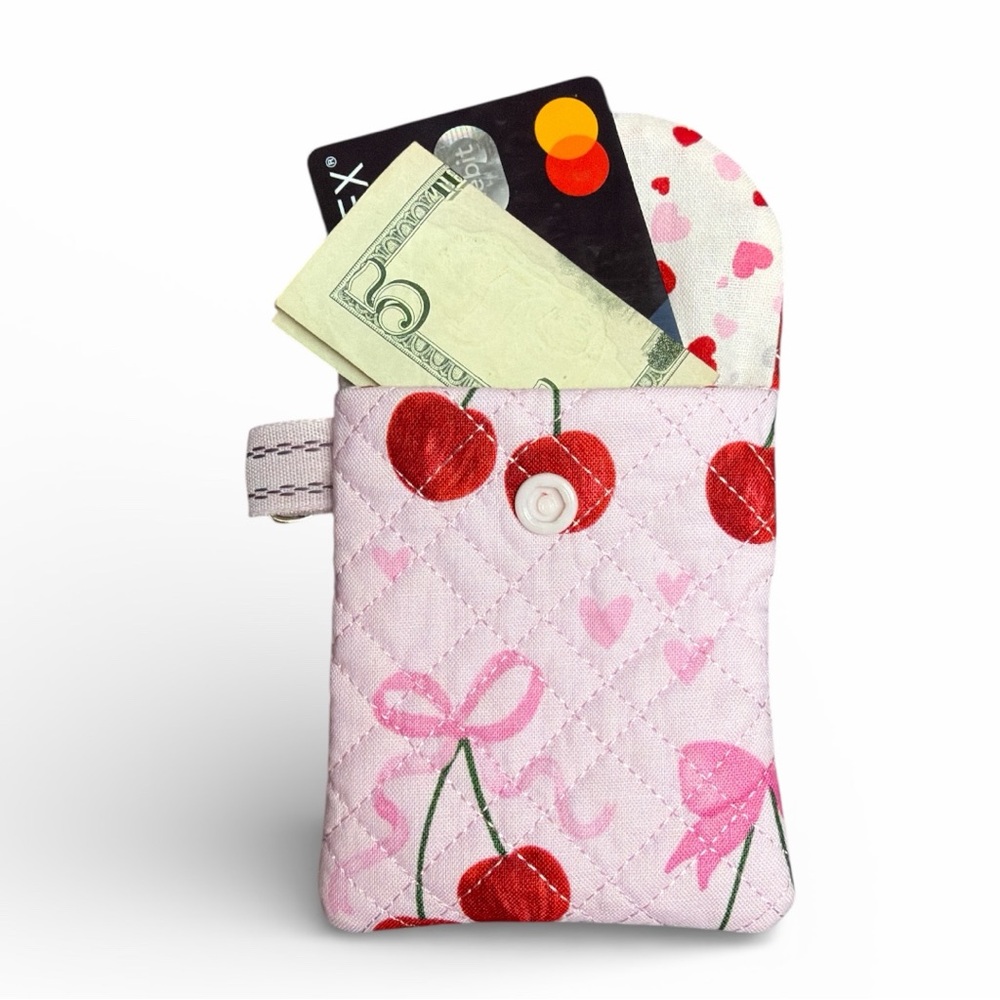 Hand Crafted AirPod Case Quilted Cherry Fabric with Keychain Cotton Earbud Case - Picture 8 of 14